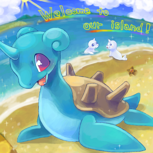beach blue_eyes blue_sky choko_(sweetpocket) cloud cloudy_sky commentary_request creature creature_focus day dewgong english_text fangs full_body gen_1_pokemon happy horns in_water island lapras nintendo no_humans ocean open_mouth outdoors pokemon pokemon_(creature) rainbow red_eyes sand seel shore single_horn sky smile sparkle staryu sun water