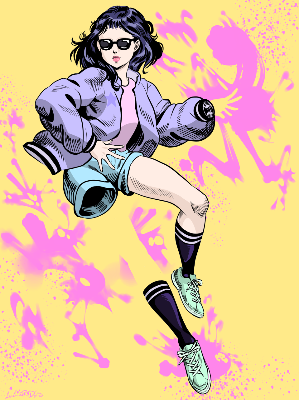 1girl aged_up alternate_universe black_hair black_socks blue_footwear blue_shorts female_focus highres invisible jacket jojo_no_kimyou_na_bouken looking_at_viewer medium_hair pink_shirt purple_jacket selina_rosa_davis shirt shizuka_joestar shorts socks solo sunglasses yellow_background