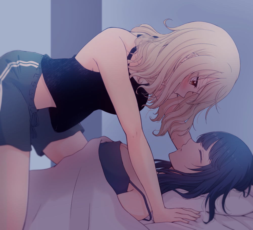 2girls all_fours asaka_karin black_camisole black_tank_top blonde_hair blue_hair blue_shorts blush camisole closed_eyes closed_mouth commentary_request kuroda_roku_(345) love_live! love_live!_nijigasaki_high_school_idol_club medium_hair miyashita_ai multiple_girls orange_eyes shorts sleeping tank_top under_covers yuri