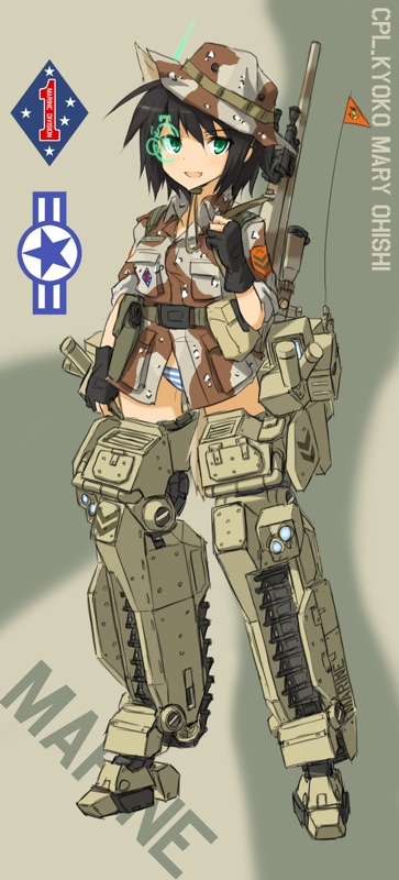 1girl autocannon bad_id bad_pixiv_id banner black_hair blue_panties bolt_action camouflage cannon chain_gun character_name commentary_request dakku_(ogitsune) desert_camouflage female_focus full_body green_eyes gun gun_sling hat head-mounted_display infantry_fighting_vehicle m242_bushmaster m2_bradley panties remington_model_700 rifle scope scouter sleeves_rolled_up sniper_rifle solo standing strike_witches strike_witches_1991 striker_unit striped_clothes striped_panties underwear weapon world_witches_series