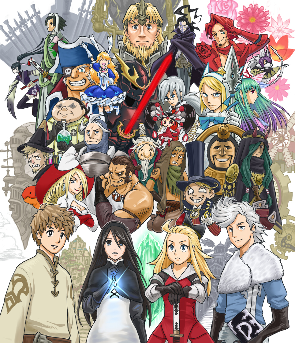 5pb. 6+boys 6+girls agnes_oblige alternis_dim angel_wings animal_ears aqua_hair argent_heinkel armor artemia_venus artist_request barras_lehr black_hair blonde_hair blue_eyes braev_lee bravely_default:_flying_fairy bravely_default_(series) breasts brown_hair dark_skin edea_lee einheria_venus eyepatch facial_hair fiore_derosa glasses green_hair grey_hair grin hairband hat hayreddin_barbarossa holly_white hood ciggma_khint jackal_(bravely_default) qada_(bravely_default) konoe_kikyou lester_derosso long_hair eloch_quentis_khamer_viii mephilia_venus multiple_boys multiple_girls mustache erutus_profiteur ninja nobutsuna_kamiizumi ominas_crowe pale_skin ponytail praline_a_la_mode purple_hair rabbit_ears red_eyes red_hair ringabel smile sword thighhighs tiz_arrior victor_s._court victoria_f._stein weapon wings yulyana