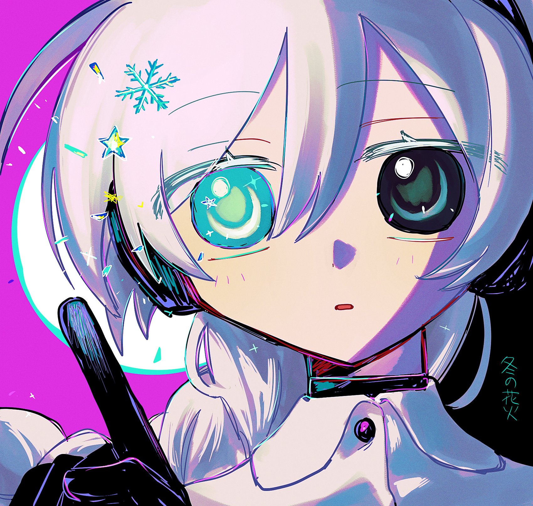 1girl abstract_background black_background black_eyes black_gloves blue_eyes blush braid braided_ponytail coat commentary_request earmuffs fuyu_no_hanabi_(utau) gloves hand_up heterochromia highres index_finger_raised kajuu_(maimai_maimaa) long_hair looking_at_viewer multicolored_background parted_lips pink_background portrait sekka_yufu snowflakes solo song_name star_(symbol) star_in_eye symbol_in_eye translation_request utau white_coat white_hair
