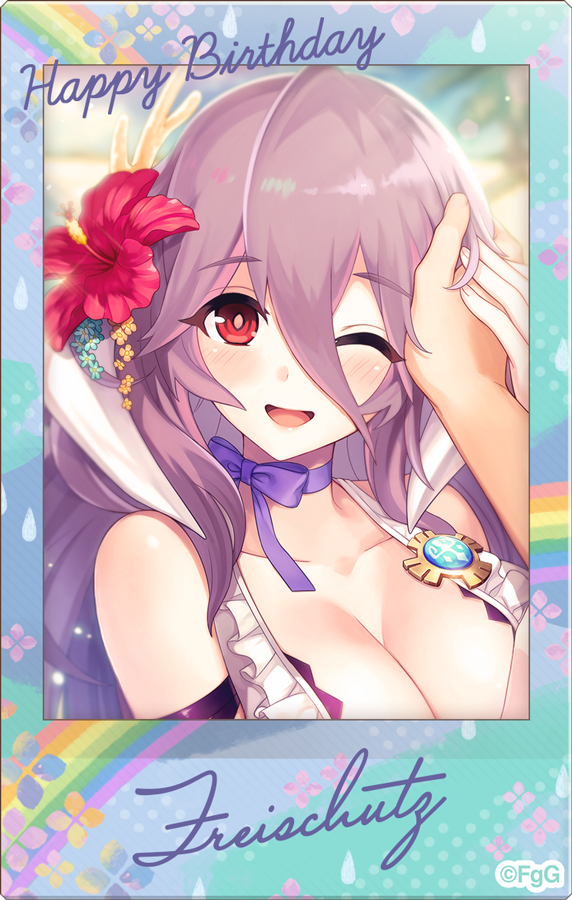 1girl ;d breasts character_name cleavage commentary_request copyright_notice flower freischutz_(phantom_of_the_kill) hair_between_eyes hand_on_another&#039;s_hand hand_on_another&#039;s_head happy_birthday hibiscus large_breasts long_hair neck_ribbon official_alternate_costume official_art one_eye_closed open_mouth phantom_of_the_kill polaroid_photo pov pov_hands purple_hair purple_ribbon rainbow_print red_eyes red_flower ribbon second-party_source smile solo_focus swimsuit