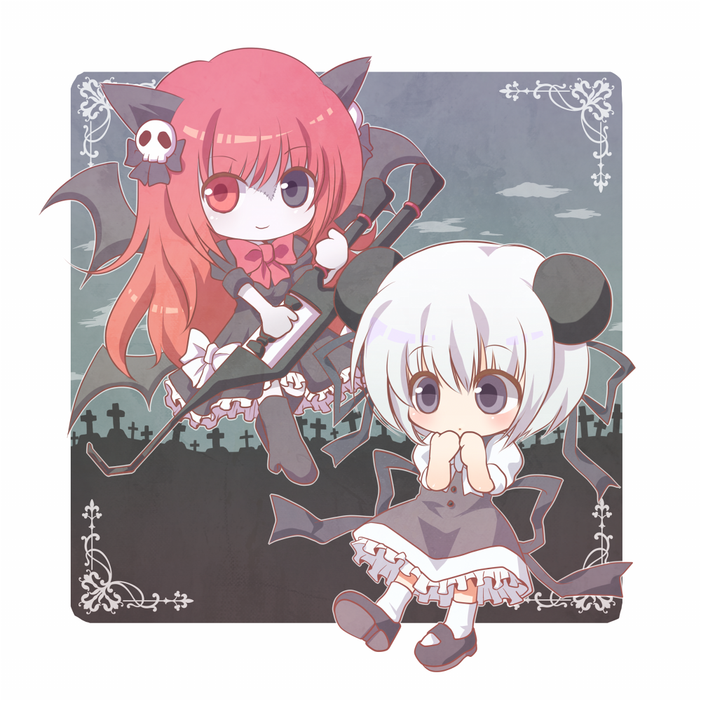 2girls black_dress black_eyes cross demon_horns demon_wings dress frilled_dress frills graveyard heterochromia holding holding_instrument horns instrument keytar multiple_girls nibii_(panda) nyanyamo_daowa pale_skin red_eyes red_hair red_ribbon ribbon smile tombstone towelket_wo_mou_ichido warau_warawau warawau_nyamunyamu white_hair wings