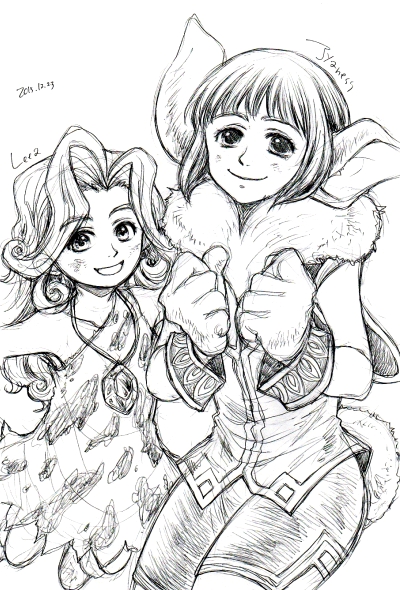 animal_ears bike_shorts chrono_cross commentary_request fur_trim janice leah long_hair mi_(matilda-mc) monster_girl multiple_girls short_hair tail