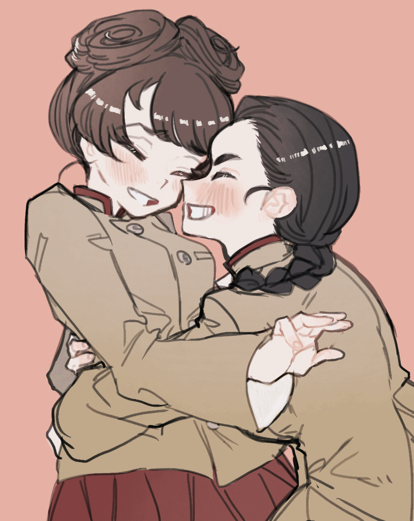 2girls black_hair blush braid braided_ponytail brown_hair brown_jacket chi-hatan_school_uniform closed_eyes commentary facing_another girls_und_panzer grin hair_over_shoulder hair_pulled_back hair_ribbon hair_rings high_collar hosomi_shizuko hug jacket long_hair long_sleeves medium_hair miniskirt multiple_girls pink_background pleated_skirt red_skirt ribbon school_uniform short_hair simple_background single_braid skirt smile standing tama_launcher tamada_tamaki white_ribbon yuri