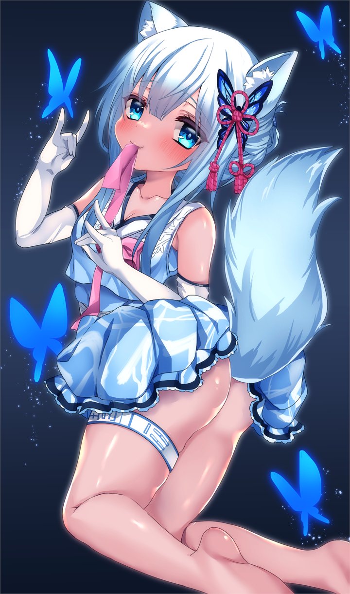 1girl animal_ears ass bare_shoulders blue_butterfly blue_hair bug butterfly butterfly_hair_ornament elbow_gloves folded_ponytail fox_ears fox_girl fox_tail gloves gushagusha5 hair_ornament highres insect kitsune_ga_boku_wo_matteiru kitsune_ga_boku_wo_matteiru_hana korean_clothes looking_at_viewer ryufa_(kitsune_ga_boku_wo_matteiru) solo tail third-party_source