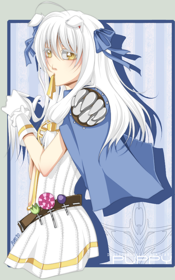 1girl alternate_color animal_ears belt blue_background blue_cape blush breasts brown_belt candy cape cowboy_shot creator_(ragnarok_online) dog_ears dog_girl dress emblem food fumiddition gloves hair_tubes lollipop long_hair looking_at_viewer looking_to_the_side ragnarok_online sidelocks small_breasts solo swirl_lollipop white_dress white_gloves white_hair yellow_eyes