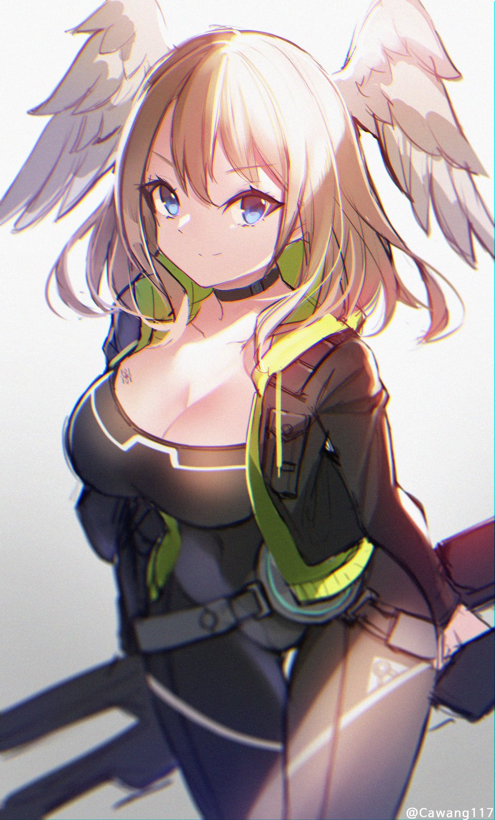 black_bodysuit blue_pupils bodysuit breast_tattoo breasts cawang cleavage eunie_(xenoblade) green_hoodie head_wings highres hood hoodie jacket large_breasts latex latex_bodysuit leather leather_jacket solo tattoo white_wings wings xenoblade_chronicles_(series) xenoblade_chronicles_3