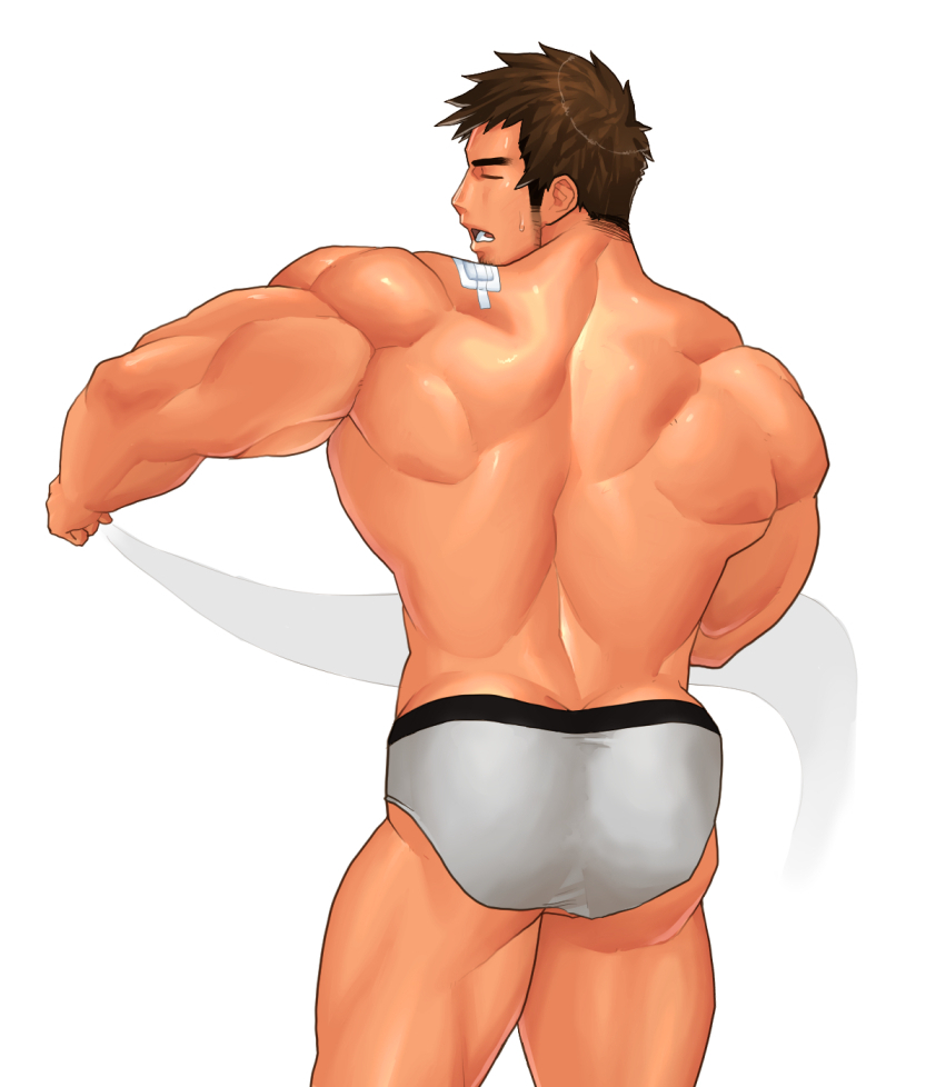 1boy ass bara brown_hair male_focus muscular original topless_male solo underwear yuatari