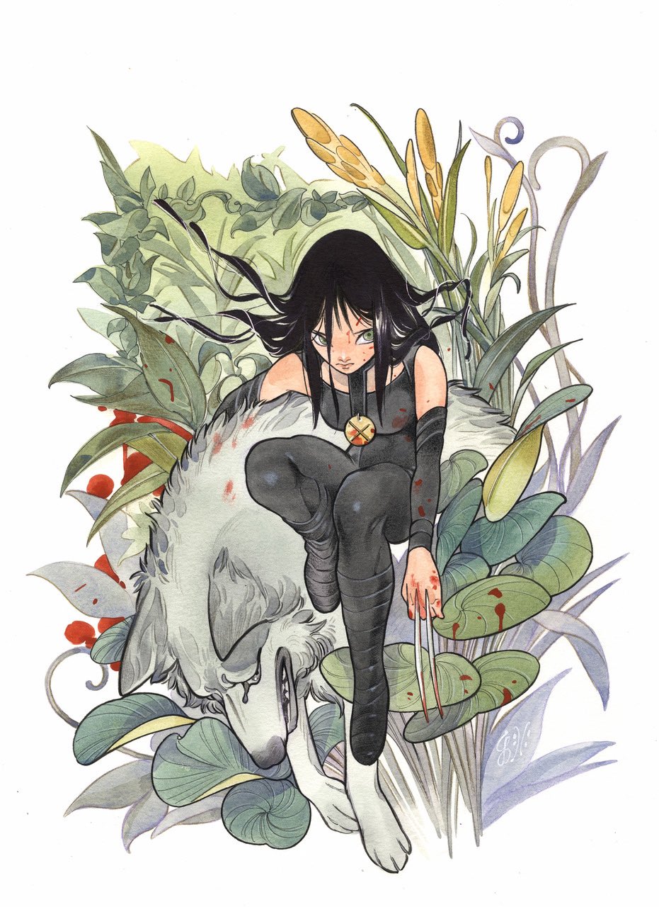 1girl animal animification black_hair blood bodysuit claw_(weapon) claws flower green_eyes highres laura_kinney leather long_hair looking_at_viewer marvel peach_momoko solo superhero_costume weapon wolf x-23 x-men