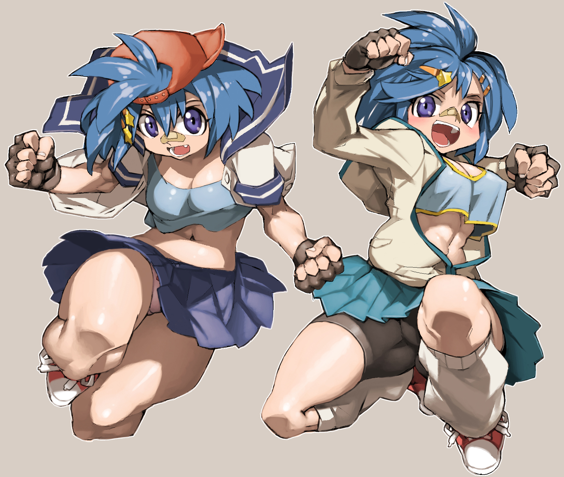 1girl bandaid bandaid_on_face bandaid_on_nose bike_shorts blue_eyes blue_hair blue_skirt borrowed_character breasts cleavage fingerless_gloves gloves hair_ornament hairclip hat highres jacket m.u.g.e.n midriff multiple_views navel ohosi_nagisa open_clothes open_mouth original panties pink_panties pleated_skirt school_uniform serafuku shoes skirt sneakers underwear ysk!
