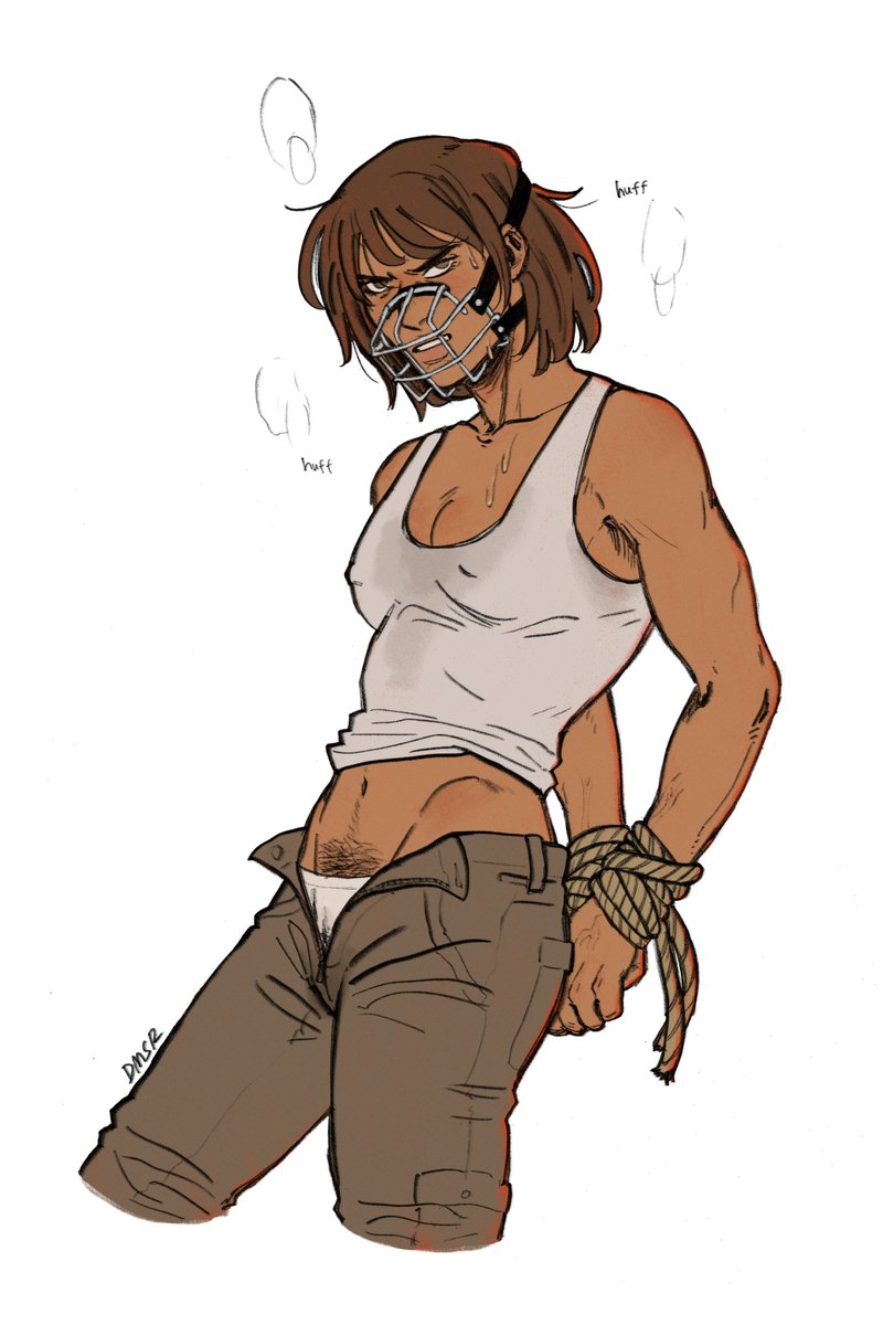 1girl arms_behind_back bound bound_wrists camilla_hect cargo_pants dmsr female_pubic_hair highres midriff muzzle_(mask) pants pubic_hair rope tank_top the_locked_tomb unbuttoned_pants white_tank_top