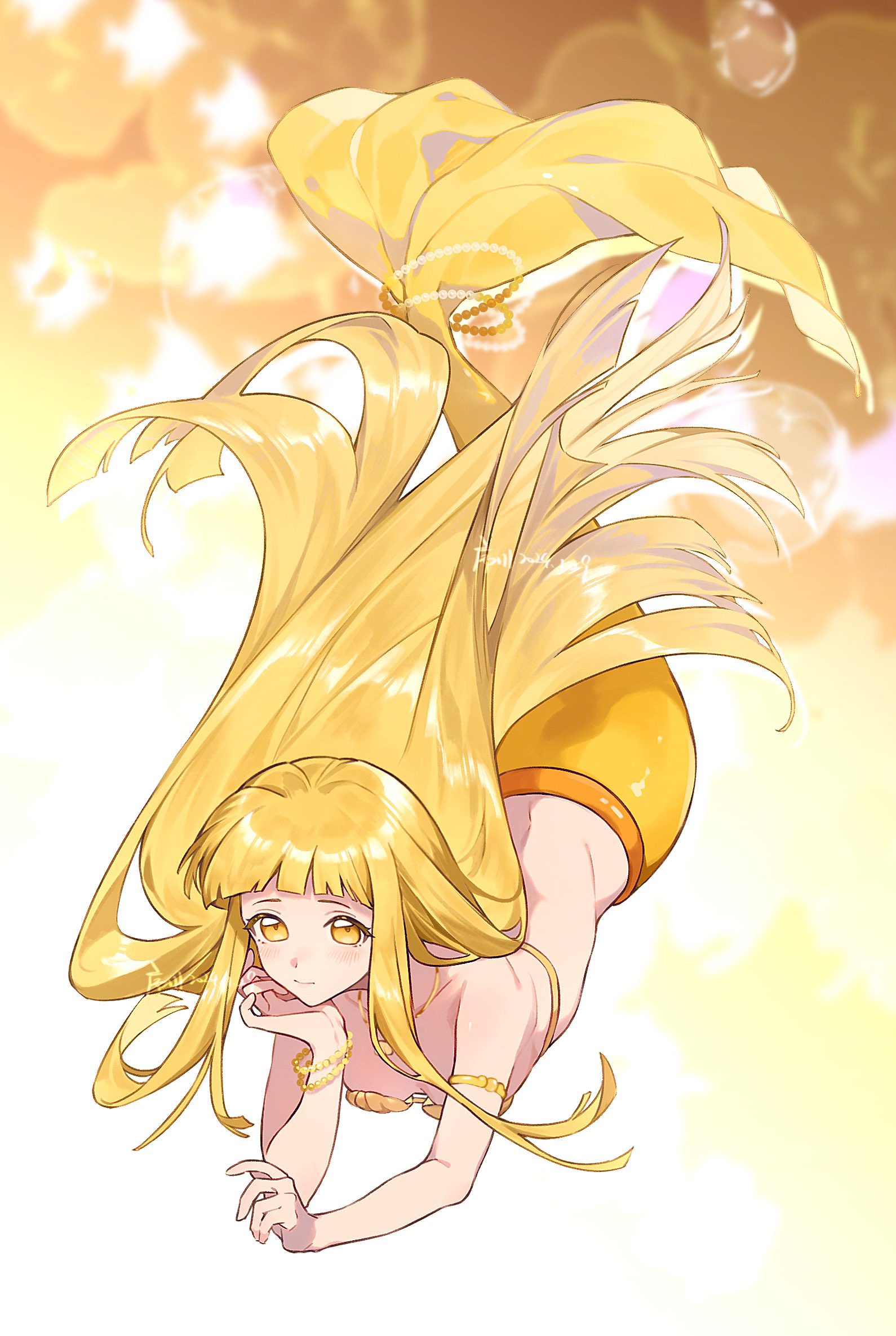1girl anklet armlet artist_name bead_anklet bead_bracelet beads bikini blonde_hair blunt_bangs blunt_ends blurry blurry_background bracelet breasts closed_mouth coco_(mermaid)_(mermaid_melody_pichi_pichi_pitch) coco_(mermaid_melody_pichi_pichi_pitch) commentary dated elbow_rest full_body head_rest highres jewelry light_blush long_hair looking_at_viewer lying mermaid mermaid_melody_pichi_pichi_pitch monster_girl necklace on_stomach shell shell_bikini shell_necklace small_breasts solo symbol-only_commentary very_long_hair xuchuan yellow_eyes