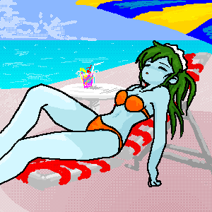 1girl aliasing beach bikini blue_skin cloud colored_skin corpse female_focus futaba_channel long_hair lowres nijiura_maids ocean outdoors shitai sky solo swimsuit umisensha