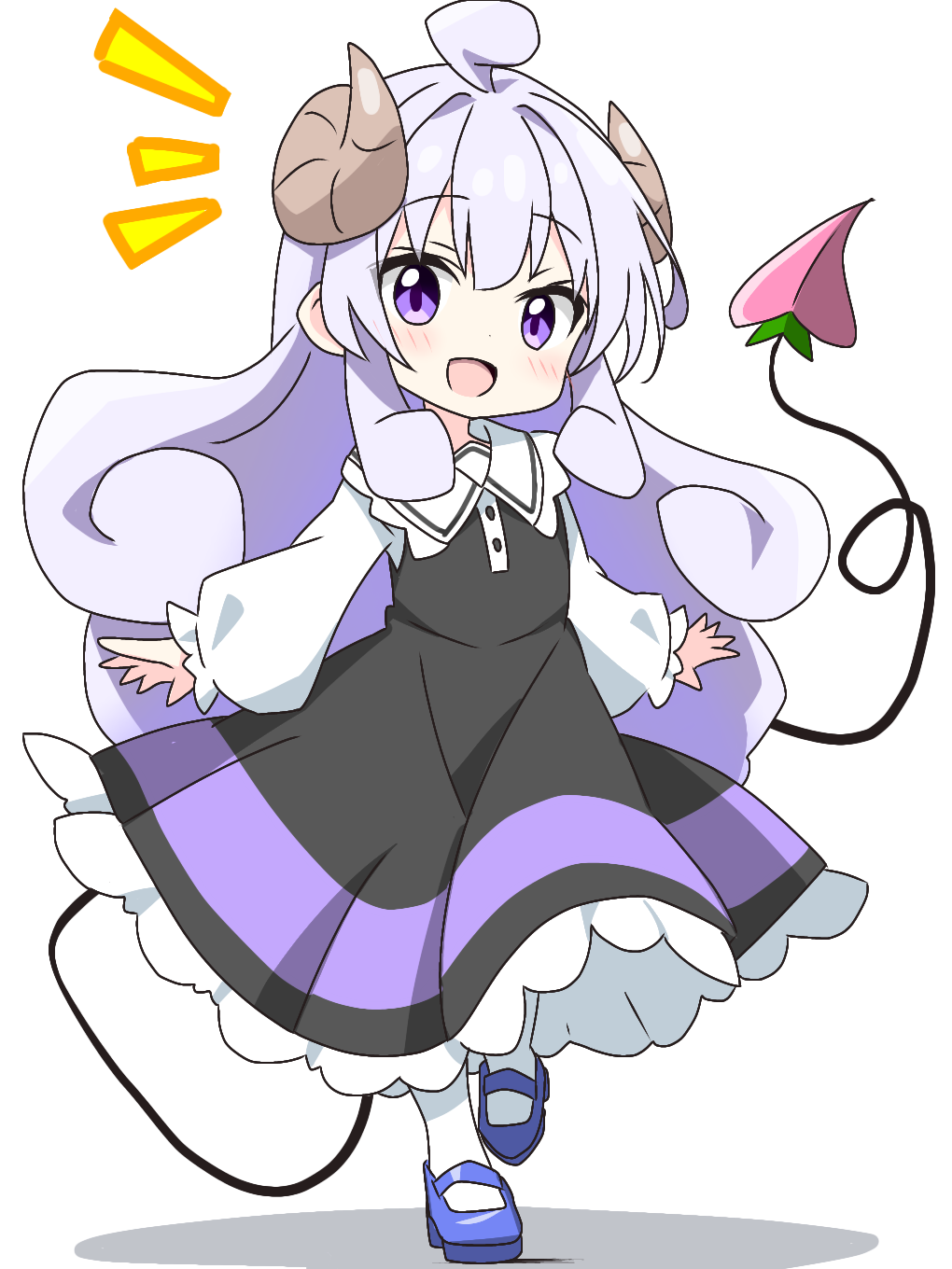 1girl :d ahoge black_dress blue_shoes blush brown_horns collared_shirt commentary_request curly_hair demon_girl demon_tail dot_nose dress frilled_dress frills full_body highres horns kotatsu-mazoku lilith_(machikado_mazoku) lilith_(machikado_mazoku)_(homunculus) long_hair long_sleeves looking_at_viewer machikado_mazoku mary_janes notice_lines open_mouth pantyhose pinafore_dress purple_eyes purple_hair shirt shoes sidelocks simple_background sleeveless sleeveless_dress smile solo standing tail white_background white_pantyhose white_shirt
