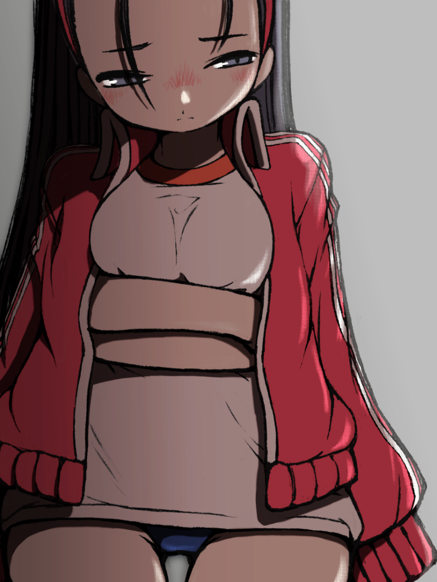 1girl arms_under_breasts beeru_(veil8801) black_hair blue_buruma breasts buruma closed_mouth crossed_arms frown furrowed_brow gluteal_fold grey_background grey_eyes gym_shirt gym_uniform hairband highres iinchou_(justice_gakuen) jacket justice_gakuen long_hair medium_breasts open_clothes open_jacket red_hairband red_jacket shirt sideways_glance simple_background solo split_mouth track_jacket white_shirt