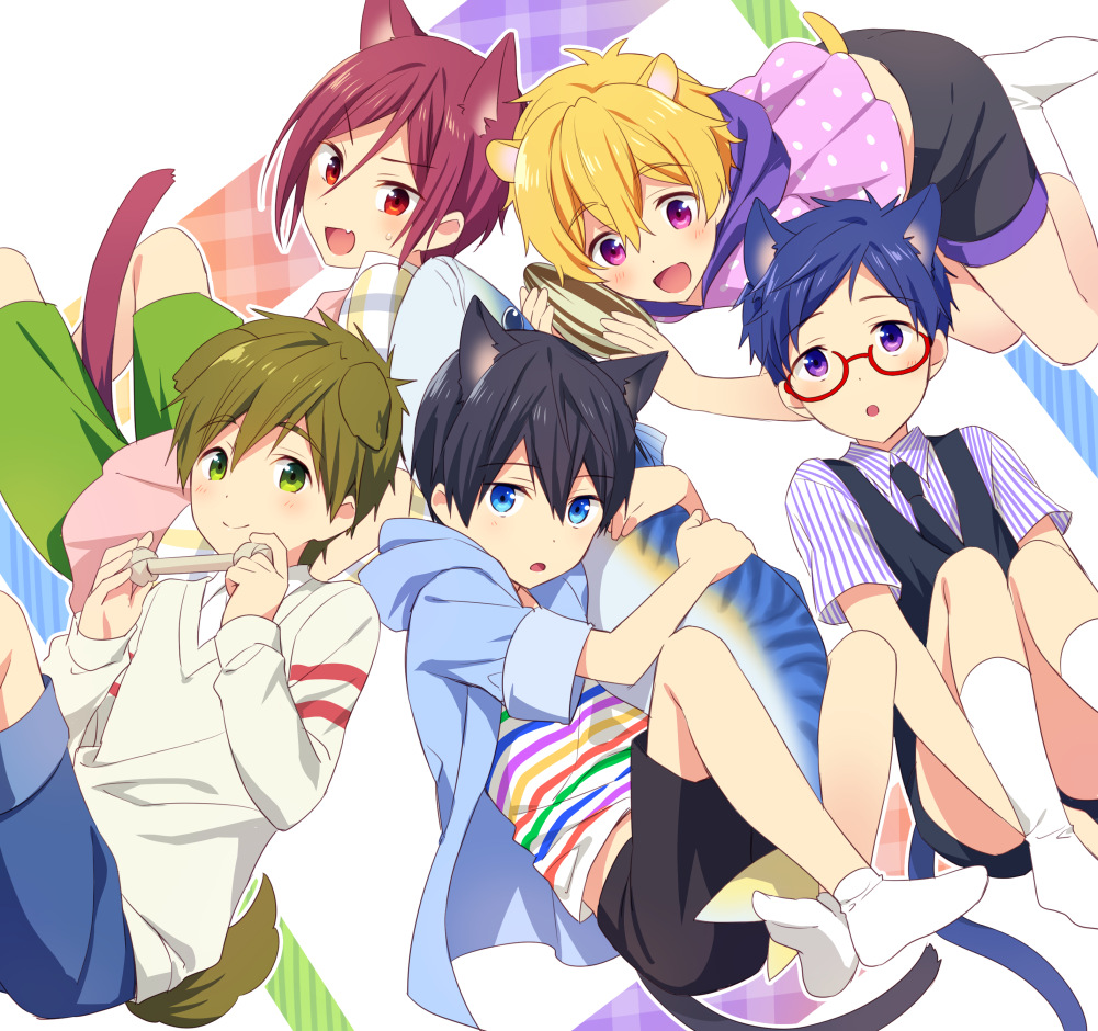 5boys aged_down animal_ears blonde_hair blue_eyes blue_hair cat_boy cat_ears cat_tail child dog_boy dog_ears dog_tail extra_ears fang free! green_eyes hair_between_eyes hamster_boy hamster_ears hamster_tail hazuki_nagisa looking_at_viewer matsuoka_rin mo_(nmnme) multiple_boys nanase_haruka_(free!) open_mouth purple_eyes red_eyes red_hair ryuugazaki_rei shorts skin_fang socks tachibana_makoto tail white_legwear white_socks