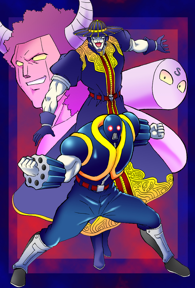 4boys android armor artist_request biceps blank_eyes blue_gloves buffaloman clenched_hand dress fighting gloves grim_reaper_(kinnikuman) hat horns kinnikuman looking_at_viewer manly monster_boy multiple_boys muscular no_mouth pectorals psychoman red_gloves smile spring_(object) springman_(kinnikuman) tag_team teamwork turboman_(kinnikuman)