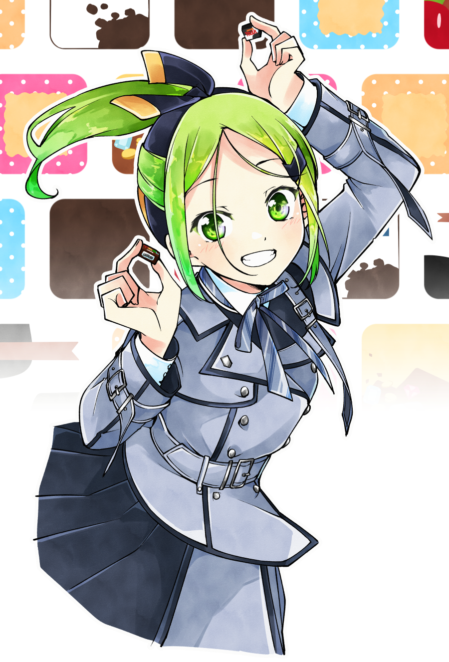 1girl 22/7 belt bow bow_hairband bowtie chocolate collared_shirt diagonal-striped_bow diagonal-striped_bowtie diagonal-striped_clothes dress food green_eyes green_hair grey_belt grey_dress grin hair_bow hair_ornament hairband hairclip half_updo hands_up high_ponytail highres holding holding_chocolate holding_food kamisama_datte_kimerarenai kiryu_touko looking_at_viewer parted_bangs ponytail shirt smile solo striped_clothes tirol_chocolate trefle_r two-tone_bow two-tone_hairband white_shirt