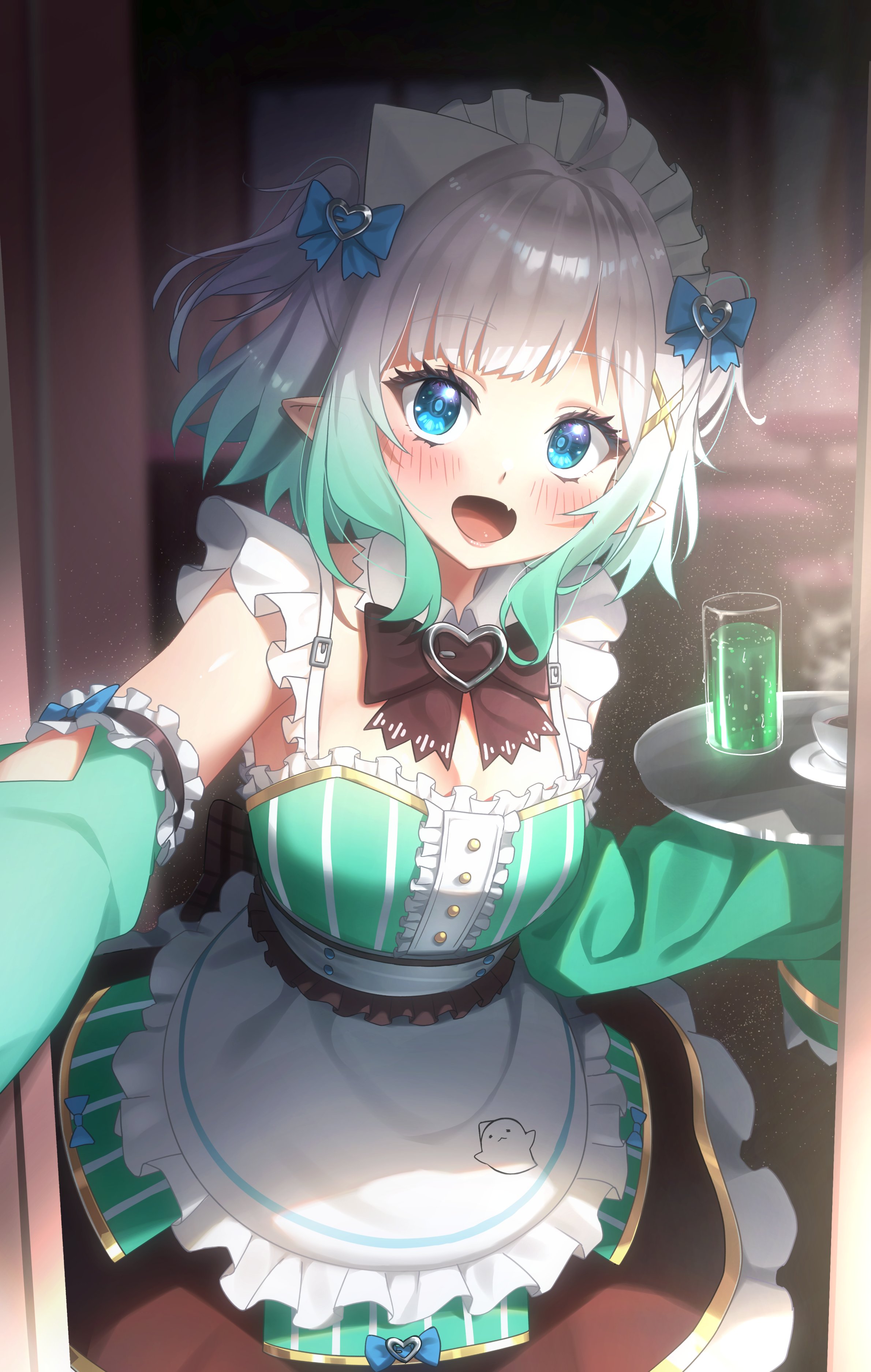 1girl :d absurdres apron black_bow black_bowtie blue_bow blue_eyes blurry blurry_background blush bow bowtie center_frills commentary detached_collar detached_sleeves doorway dress english_commentary fang frilled_dress frills ghostenjoyerguy7007 gradient_hair green_dress green_hair green_skirt hair_bow hair_ornament hairclip highres holding holding_tray indie_virtual_youtuber looking_at_viewer maid maid_headdress mint_fantome mint_fantome_(minto_2.0) multicolored_hair open_mouth pointy_ears pov_doorway reaching reaching_towards_viewer short_hair skin_fang skirt sleeveless sleeveless_dress sleeves_past_fingers sleeves_past_wrists smile solo striped_clothes striped_dress tray triangular_headpiece two_side_up vertical-striped_clothes vertical-striped_dress virtual_youtuber waist_apron wavy_hair white_apron white_hair x_hair_ornament