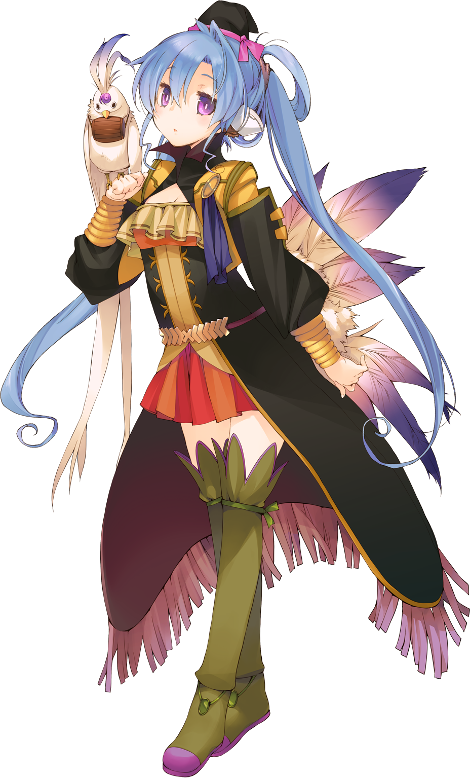 1girl :o animal animal_on_shoulder bird bird_on_shoulder blue_hair boots bright_pupils clenched_hand dungeon_travelers_2 expressionless feathers female_focus fringe_trim full_body hat highres ist kokonoka long_hair long_sleeves looking_at_viewer official_art pleated_skirt purple_eyes skirt solo thigh_boots thighhighs transparent_background twintails