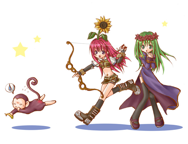 2girls arrow_(projectile) banana black_socks boots bow_(weapon) breasts brown_footwear brown_shirt brown_shorts brown_skirt chibi commentary_request crop_top cropped_jacket drawing_bow dress elbow_gloves fingerless_gloves flower flower_on_head food fruit full_body gloves green_eyes green_hair head_wreath holding holding_bow_(weapon) holding_weapon hunter_(ragnarok_online) interlocked_fingers jacket juliet_sleeves kneehighs long_hair long_sleeves medium_breasts midriff miniskirt monkey multiple_girls navel open_mouth own_hands_together pink_hair priest_(ragnarok_online) puffy_sleeves purple_dress purple_eyes ragnarok_online running shirt short_shorts short_sleeves shorts shorts_under_skirt simple_background skirt smile socks spoken_sweatdrop star_(symbol) sunflower sweatdrop thighhighs tsuki_miso weapon white_background white_jacket wristband yoyo_(ragnarok_online)