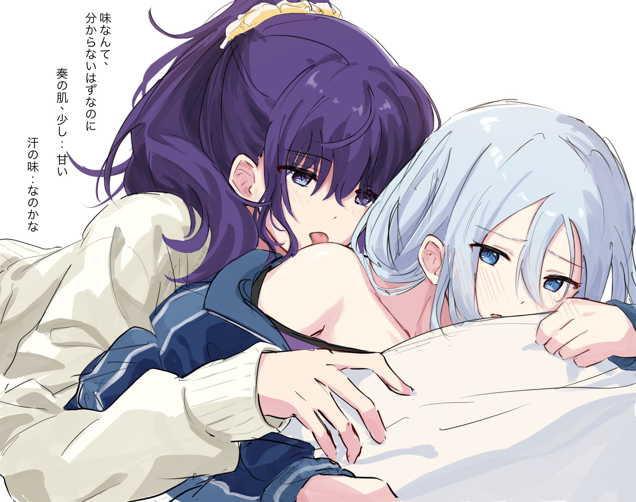 2girls asahina_mafuyu blue_eyes blue_jacket blush commentary grey_hair hair_ornament hair_scrunchie highres jacket kanamafukana licking_shoulder long_hair long_sleeves multiple_girls off_shoulder parted_lips ponytail project_sekai purple_eyes purple_hair scrunchie simple_background sweater symbol-only_commentary translation_request white_background white_sweater yoisaki_kanade yuri