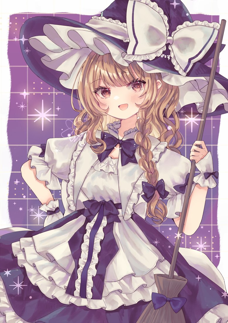 1girl :d apron asterisk_(symbol) back_bow blonde_hair blush bow bowtie braid broom collared_shirt commentary_request cowboy_shot fingerless_gloves four-pointed_star frilled_apron frilled_bow frilled_gloves frilled_hat frilled_shirt_collar frilled_skirt frilled_sleeves frills glove_bow gloves grid_background hair_bow hair_over_shoulder hand_on_own_hip hand_up hat hat_bow holding holding_broom inset_border jaku_sono kirisame_marisa long_hair looking_at_viewer marisa_day open_mouth outside_border puffy_short_sleeves puffy_sleeves purple_background purple_bow purple_hat purple_skirt shirt short_sleeves side_braid sidelocks single_braid skirt sleeve_bow smile solo star_(symbol) star_in_eye star_symbol_background swept_bangs symbol_in_eye touhou waist_apron waist_bow wavy_hair white_apron white_bow white_gloves white_shirt witch_hat yellow_eyes