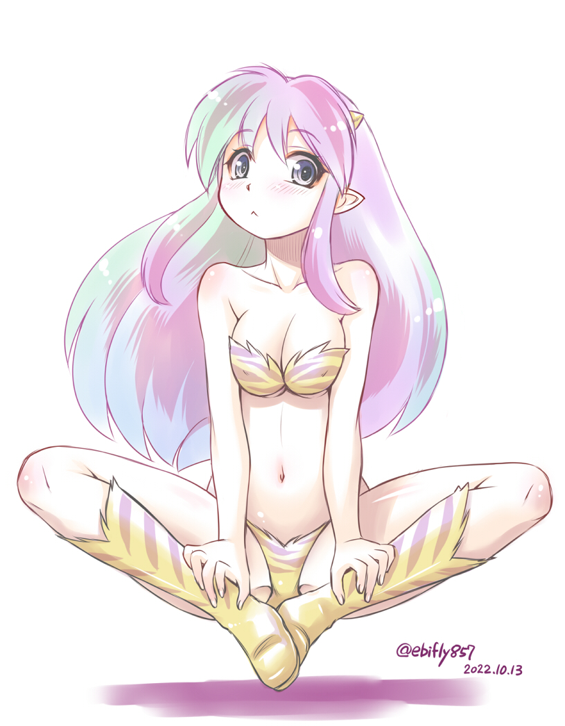 1girl :&lt; bikini blush boots breasts breasts_squeezed_together cleavage closed_mouth covered_erect_nipples dated ebifly floating floating_hair full_body gradient_hair horns indian_style long_hair looking_at_viewer lum medium_breasts multicolored_hair purple_eyes signature simple_background sitting solo striped_bikini striped_clothes swimsuit urusei_yatsura white_background yellow_boots