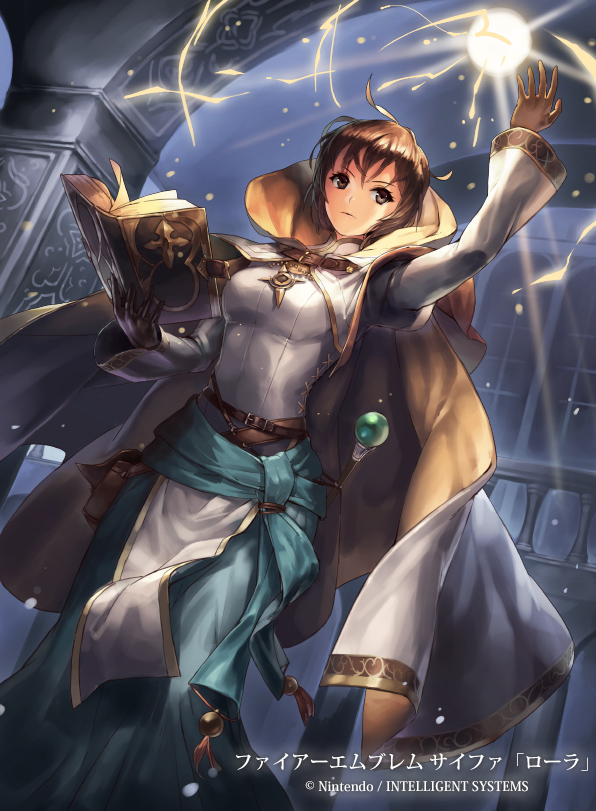 1girl black_eyes black_hair book copyright_name cuboon dress female_focus fire_emblem fire_emblem:_radiant_dawn fire_emblem_cipher gloves hood hoodie laura_(fire_emblem) magic nintendo official_art short_hair solo staff