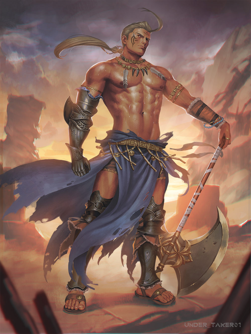 1boy abs ahoge armband armor asymmetrical_gloves axe bara belt blonde_hair canyon cloud facial_tattoo feathers fire_emblem fire_emblem_heroes gauntlets gloves greaves hawkeye_(fire_emblem) highres holding holding_weapon jewelry male_focus muscular necklace nickakito nintendo nipples no_tattoo pelvic_curtain ponytail sand sandals shorts solo sunset tattoo thighhighs topless_male torn_clothes twitter_username uneven_gloves weapon wrist_guards wristband zettai_ryouiki