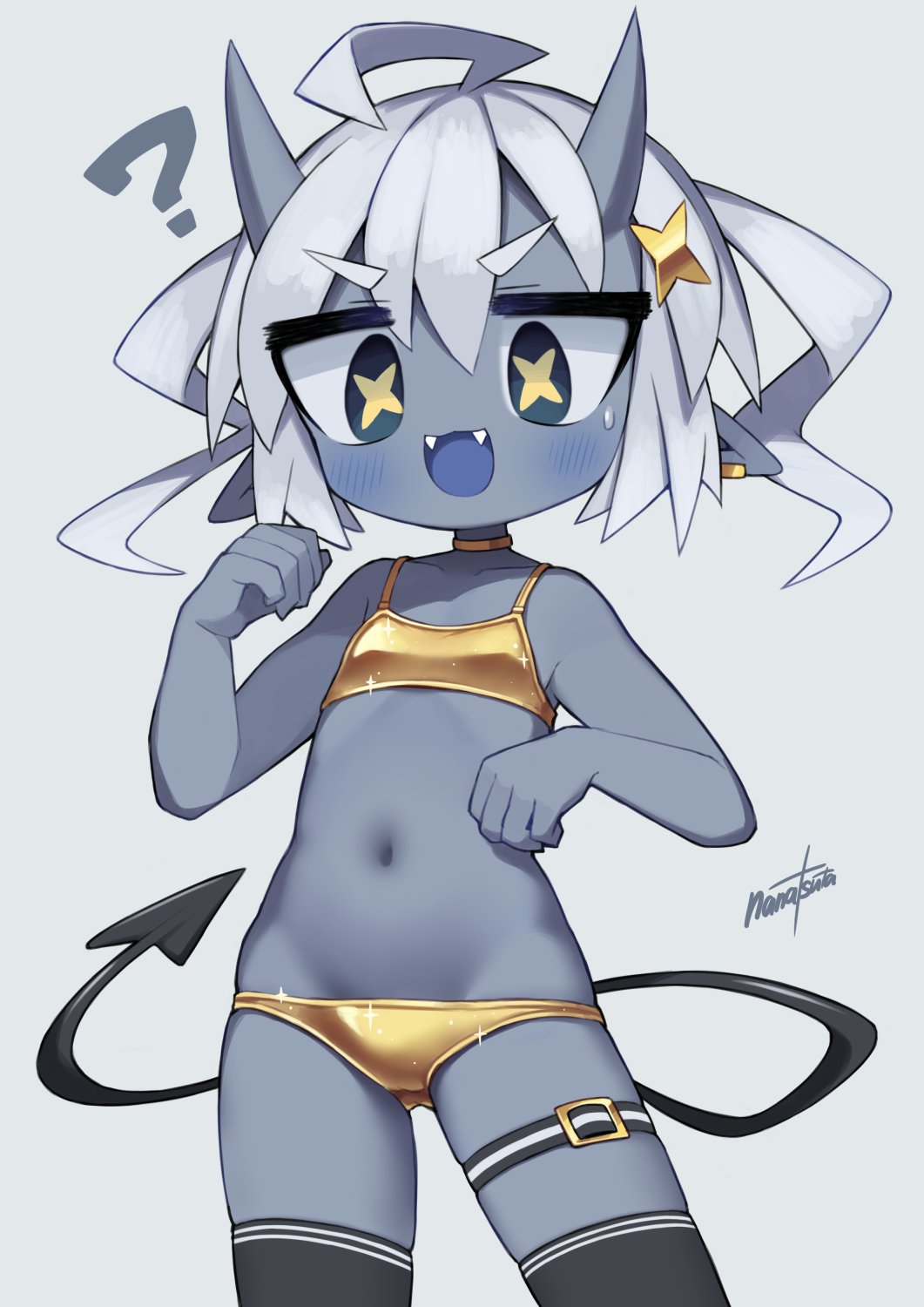 1girl bikini bra choker colored_skin demon_girl fangs flat_chest gold_bikini golden_week golden_week_bikini grey_background grey_skin hair_between_eyes highres medium_hair nanatsuta navel original panties shiny_swimsuit simple_background star-shaped_pupils star_(symbol) swimsuit symbol-shaped_pupils thick_eyebrows underwear white_hair