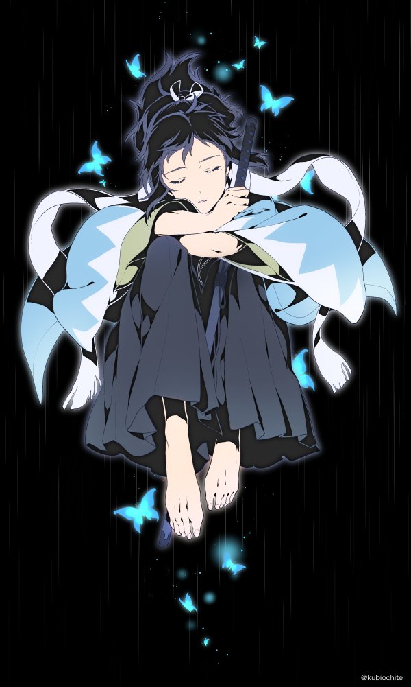 10s 1boy barefoot blue_hair bug butterfly dalc_rose closed_eyes hair_ribbon holding holding_weapon bug japanese_clothes kimono male_focus mole mole_under_eye ponytail ribbon scarf simple_background solo sword touken_ranbu touken_ranbu:_hanamaru twitter_username uchigatana weapon yamato-no-kami_yasusada
