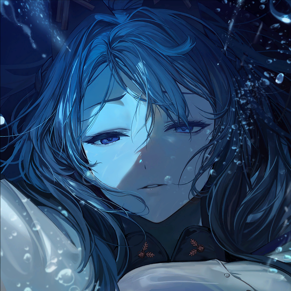 1girl bikini bikini_under_clothes blue_eyes blue_hair close-up game_cg goddess_of_victory:_nikke hair_ornament half-closed_eyes helm_(aqua_marine)_(nikke) helm_(nikke) jam_(nandade) lips long_hair long_sleeves official_art parted_lips ponytail see-through_clothes see-through_shirt shirt solo swimsuit third-party_source underwater