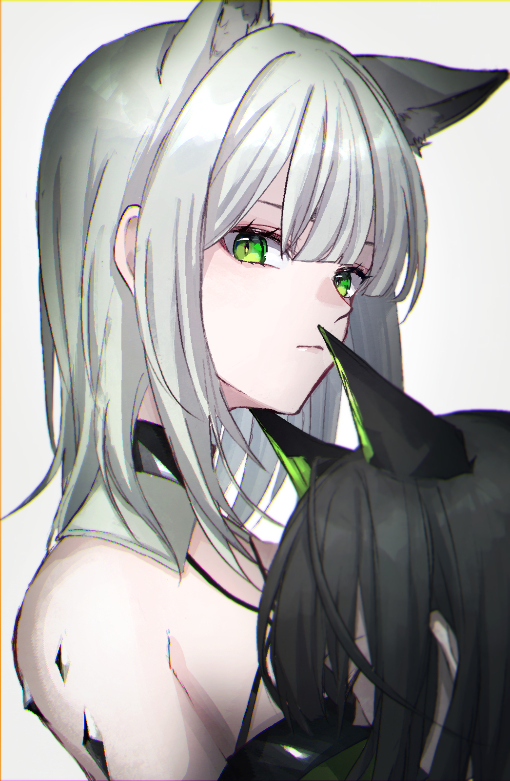 2girls 99noe_honoka animal_ears arknights bare_shoulders black_hair cat_ears cat_girl closed_eyes dress expressionless from_side green_dress green_eyes green_hair head_on_another&#039;s_chest head_on_chest highres hug kal&#039;tsit_(arknights) light_frown long_hair looking_at_viewer looking_back material_growth medium_hair mon3tr_(arknights) multiple_girls oripathy_lesion_(arknights) single_ear_down solo_focus upper_body