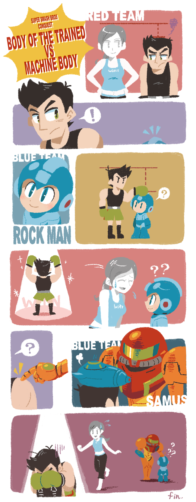 2boys 2girls armor capcom crossover english_text hakusoto highres little_mac mega_man_(character) mega_man_(classic) mega_man_(series) metroid multiple_boys multiple_girls nintendo punch-out!! samus_aran super_smash_bros. varia_suit wii_fit wii_fit_trainer wii_fit_trainer_(female)