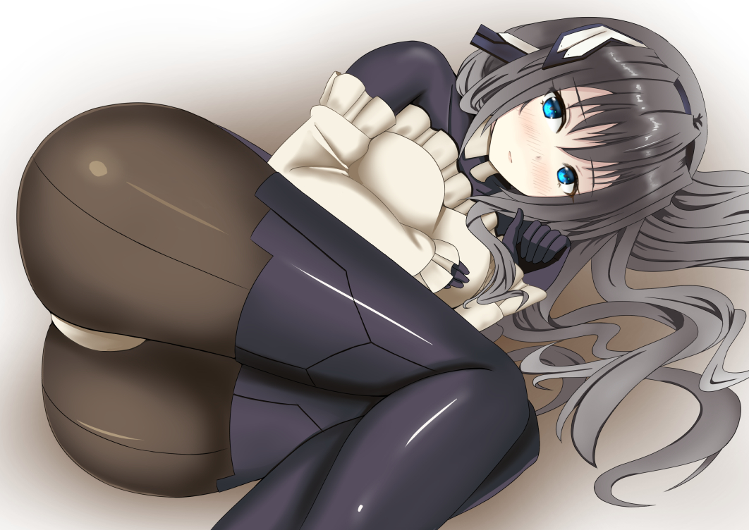 1girl apron ass black_hair blue_eyes blush bodysuit breasts cameltoe female_focus gloves headgear horizon_ariadust kyoukaisenjou_no_horizon long_hair looking_at_viewer lying medium_breasts menonune on_side pantyhose shiny_clothes smile solo thighhighs very_long_hair
