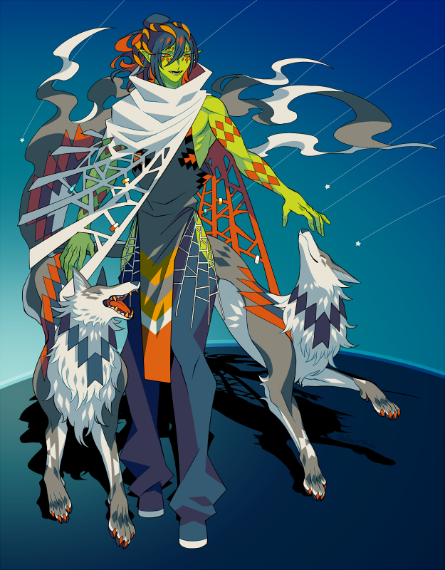 1boy animal arthropod_boy arthropod_limbs black_hair blue_background cloak colored_inner_hair colored_skin commentary edarow english_commentary full_body green_skin hip_vent male_focus multicolored_hair orange_eyes orange_hair original pelvic_curtain pointy_ears short_hair solo spider_boy standing white_cloak wolf