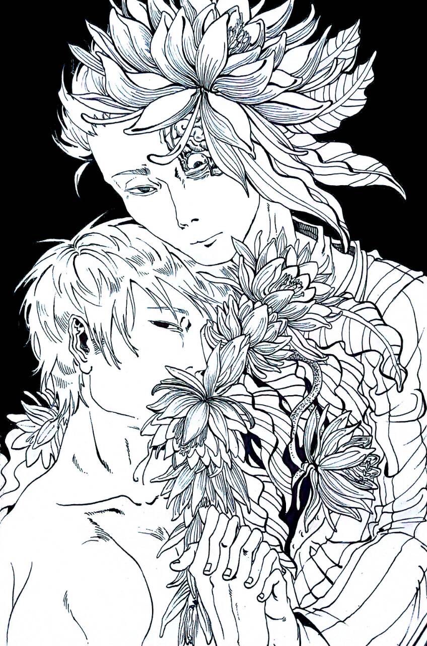 2boys akagi:_yami_ni_oritatta_tensai akagi_shigeru brain chinese_commentary closed_mouth collarbone commentary epiphyllum expressionless eyeball fingernails flower flower_on_head fukumoto_mahjong greyscale highres hirayama_yukio holding_hands jacket long_sleeves looking_at_viewer male_focus monochrome multiple_boys nanji_yuan_zhumin short_hair simple_background striped_clothes striped_jacket upper_body vertical-striped_clothes vertical-striped_jacket