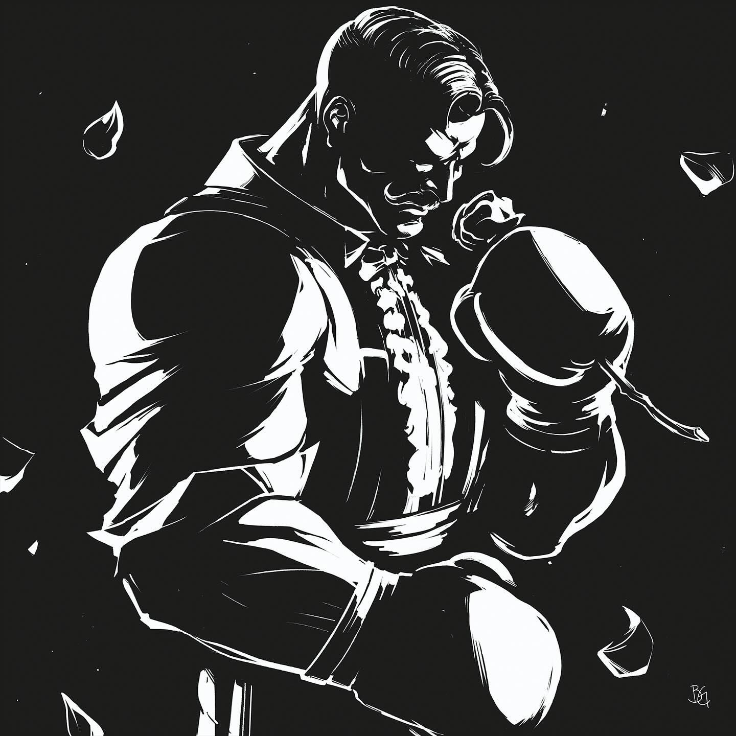 1boy bara billygarretsen black_hair bow bowtie boxing_gloves dark-skinned_male dark_skin dudley facial_hair falling_petals flower frilled_shirt frills gloves handlebar_mustache highres holding large_pectorals male_focus mature_male monochrome muscular muscular_male mustache no_eyebrows pectorals petals rose rose_petals shirt short_hair street_fighter street_fighter_iii_(series) undercut white_shirt