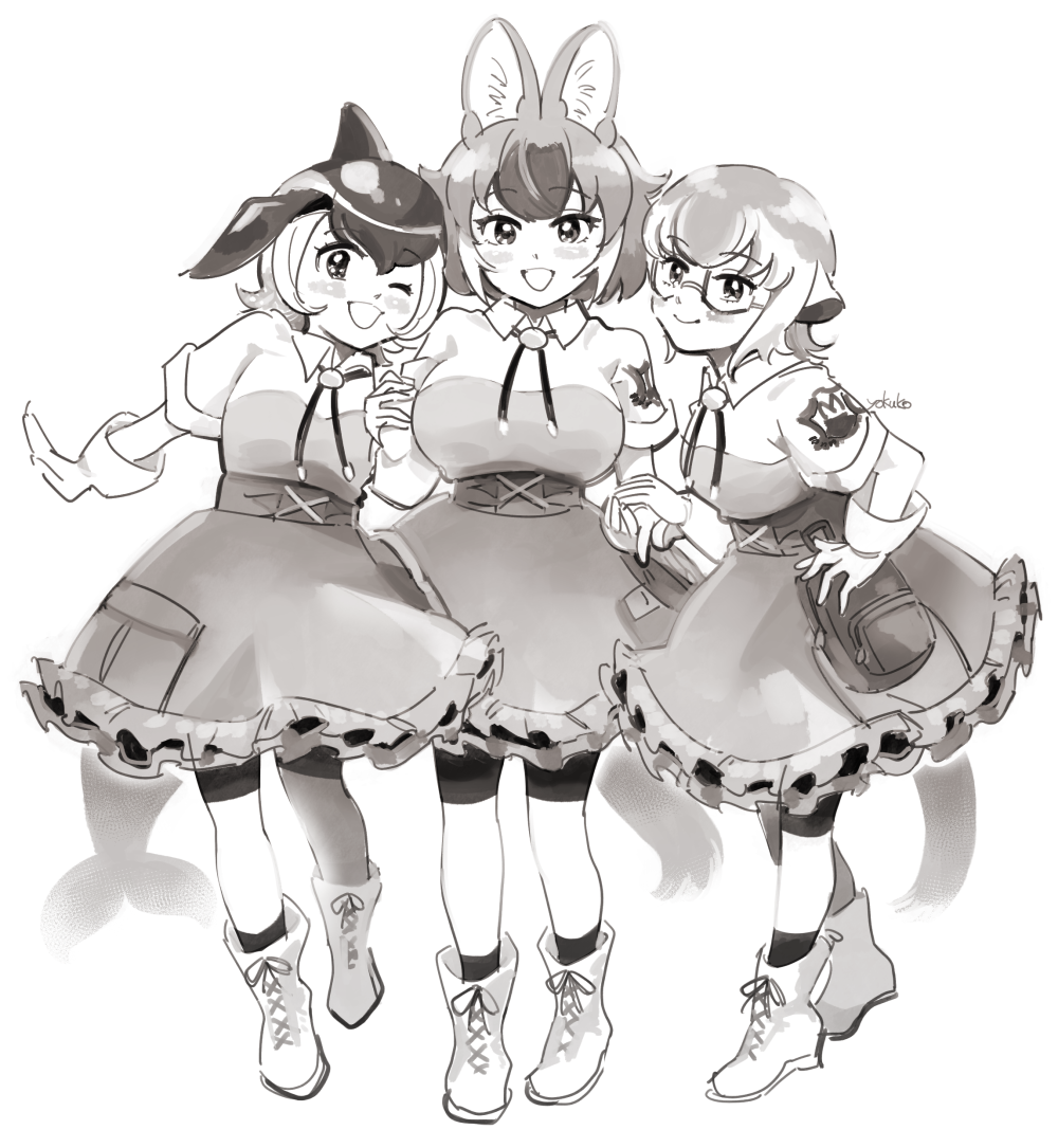 3girls animal_ears bike_shorts_under_skirt black-framed_eyewear blowhole blush breasts cetacean_tail common_dolphin_(kemono_friends) dhole_(kemono_friends) dog_ears dog_girl dog_tail dolphin_girl dorsal_fin extra_ears fins fish_tail japari_symbol kemono_friends kemono_friends_3 large_breasts looking_at_viewer meerkat_(kemono_friends) meerkat_ears meerkat_tail multiple_girls official_alternate_costume tail fish_tail yokuko_zaza