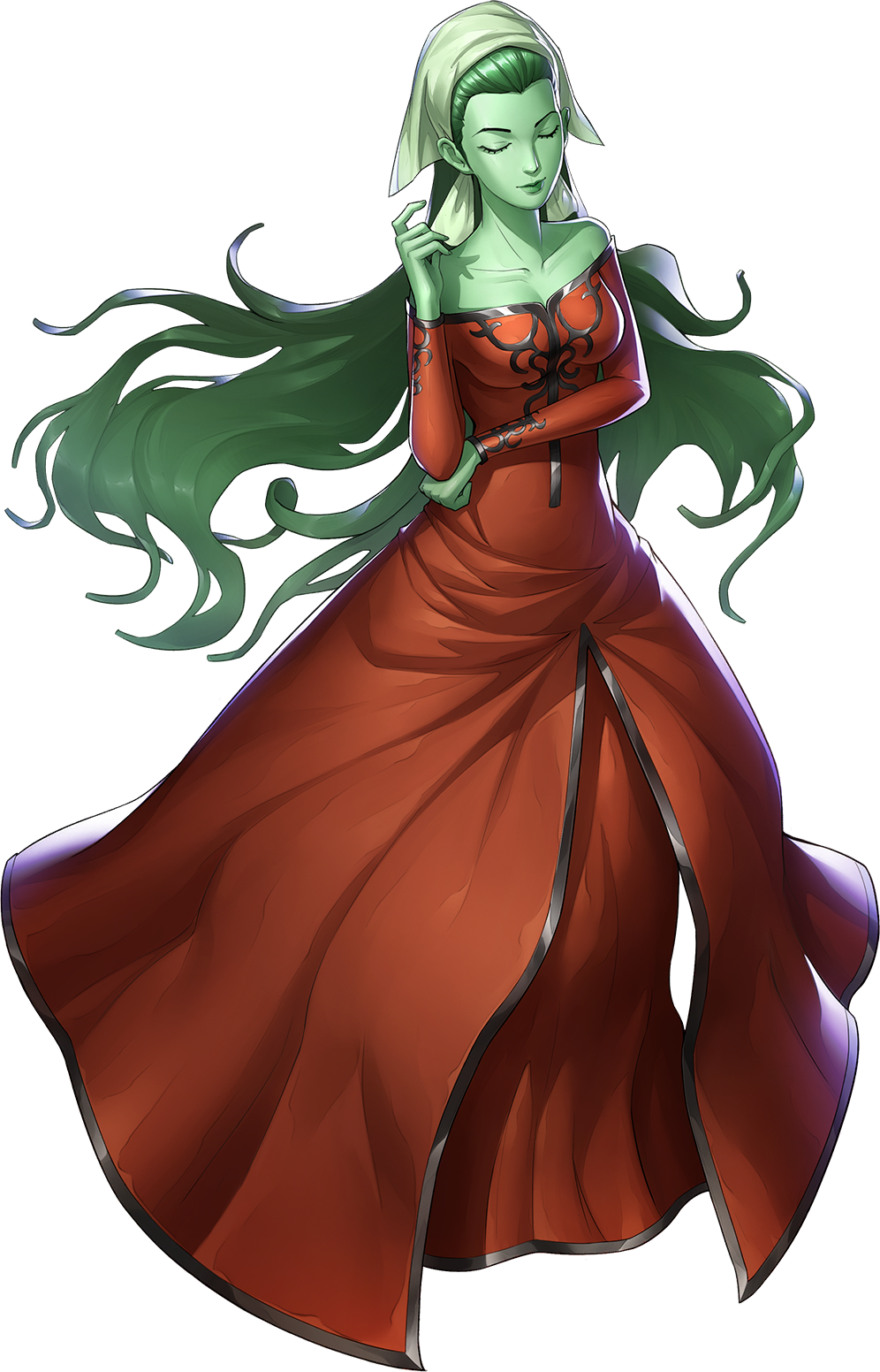 artist_request bare_shoulders breasts closed_eyes colored_skin demon_(megami_tensei) dress green_hair green_skin headscarf highres official_art persona persona_5 persona_5:_the_phantom_x red_dress shin_megami_tensei silky_(megami_tensei) solo third-party_source transparent_background