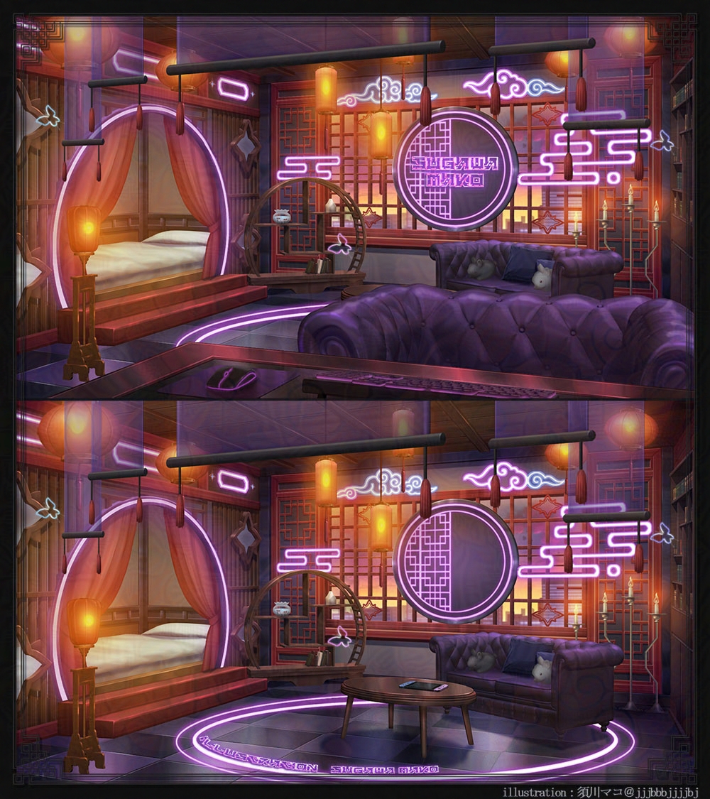 architecture artist_name bed bedroom black_border book bookshelf border candle candlestand canopy_bed checkered_floor computer_keyboard computer_mouse couch curtains cushion east_asian_architecture egasumi fishbowl handheld_game_console indie_virtual_youtuber indoors lamp lantern lattice neon_lights niboshi_eve no_humans paper_lantern pillow scenery shelf stairs stuffed_animal stuffed_rabbit stuffed_toy sugawa_mako table variations window xiangyun