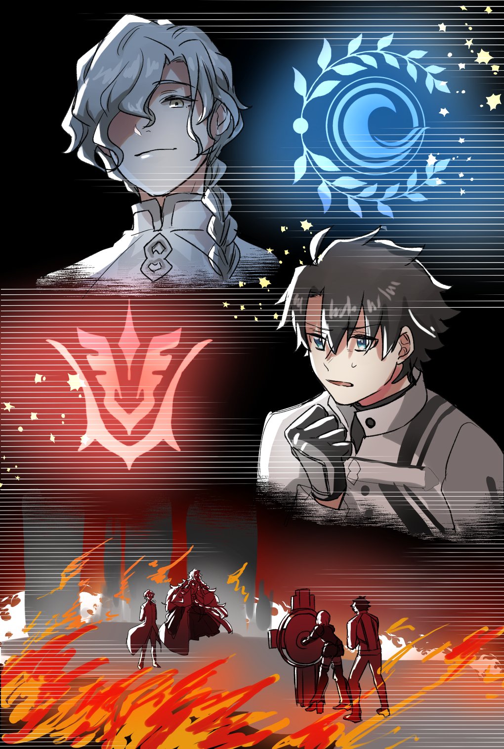 1girl 3boys black_hair blue_eyes chaldea_logo command_spell doro_(kura-chou) fate/grand_order fate_(series) fire fujimaru_ritsuka_(male) fujimaru_ritsuka_(male)_(decisive_battle_chaldea_uniform) grey_eyes highres marisbury_animusphere mash_kyrielight multiple_boys one_eye_covered shield solomon_(fate) white_hair
