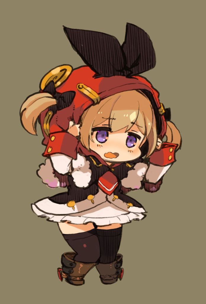 1girl azur_lane black_boots black_bow black_thighhighs boots bow brown_hair chibi commentary_request full_body grey_background hair_bow hands_up long_sleeves mota norfolk_(azur_lane) open_mouth purple_eyes red_hood red_neckwear shirt simple_background skirt solo thighhighs twintails wavy_mouth white_shirt white_skirt