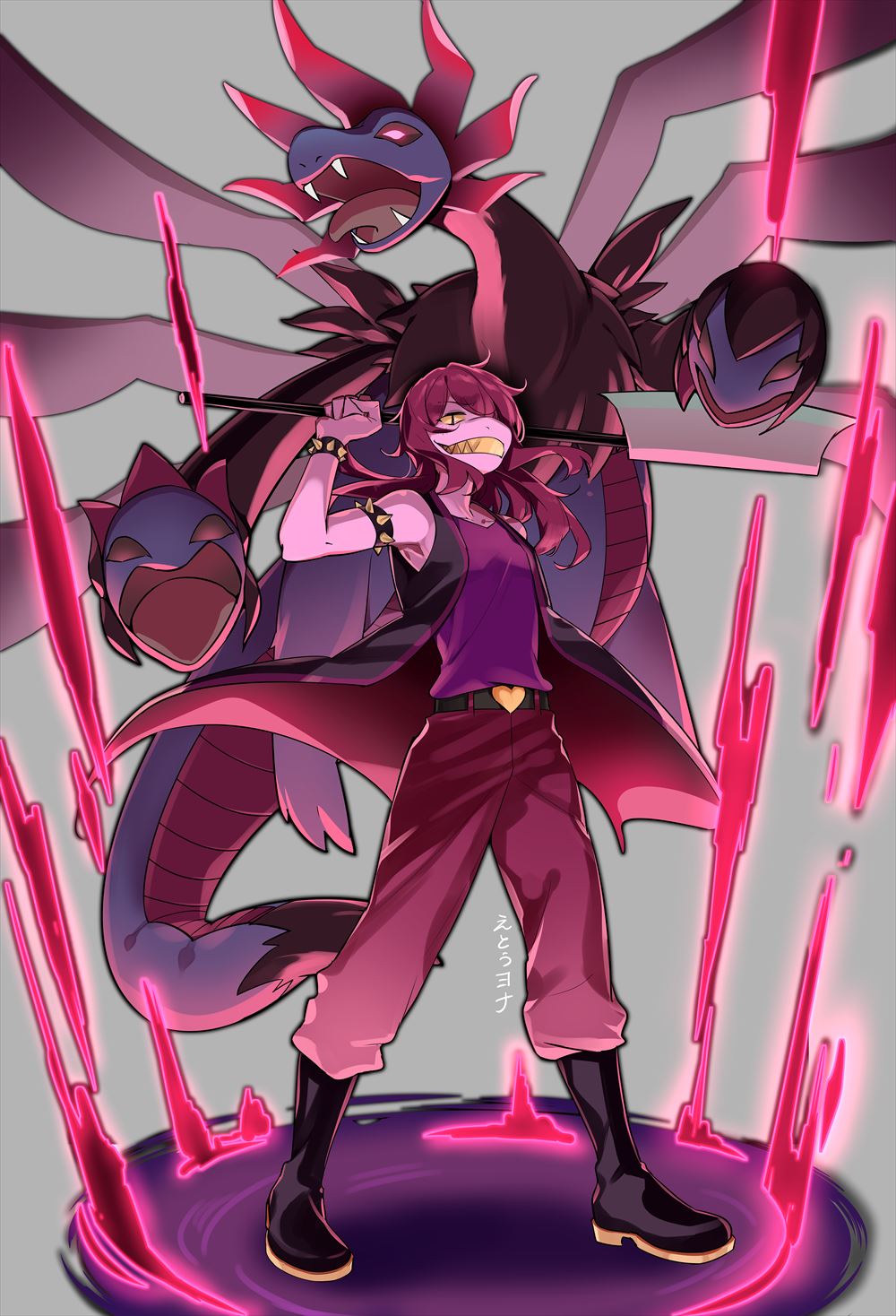 1girl armlet axe colored_teeth deltarune dragon fangs gen_5_pokemon highres hp_nokoketaetouyona hydreigon jewelry multiple_heads nintendo pokemon pokemon_(creature) spiked_armlet studded_armlet susie_(dark_world)_(deltarune) susie_(deltarune) yellow_teeth