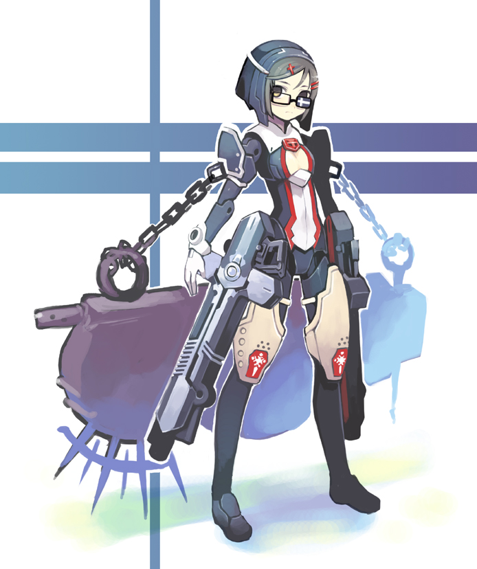 1girl armor busou_shinki female_focus glasses grave_(gungrave) gungrave hair_ornament hairclip harmony_grace mecha_musume parody shigehiro_(hiroi_heya) short_hair solo weapon