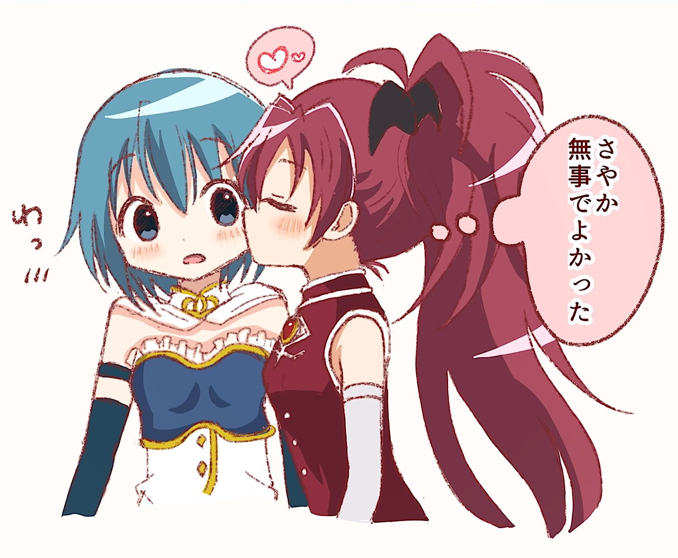 blush closed_eyes detached_sleeves heart japanese_text kiss kissing_cheek magical_girl mahou_shoujo_madoka_magica miki_sayaka miki_sayaka_(magical_girl) open_mouth sakura_kyoko sakura_kyoko_(magical_girl) simple_background speech_bubble thought_bubble translation_request upper_body white_background yae_harura yuri