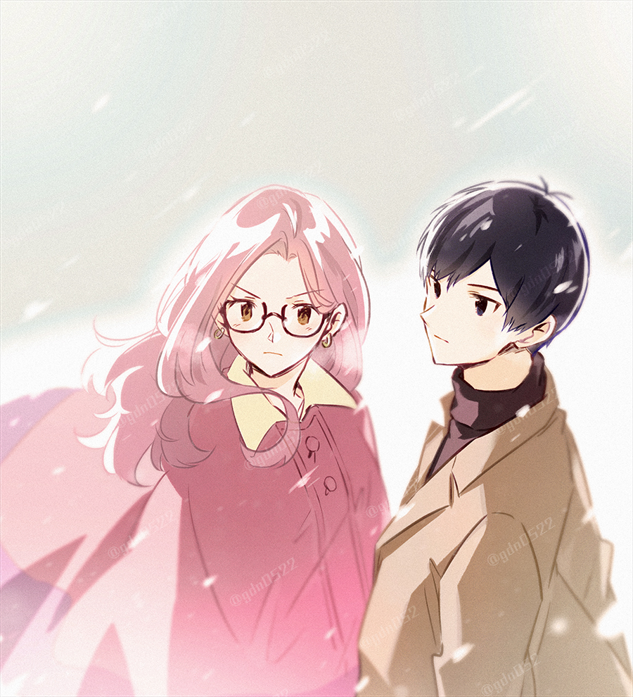 1boy 1girl black_hair black_sweater brown_coat brown_eyes coat digimon digimon_adventure_02 digimon_adventure_02:_the_beginning earrings gdn0522 glasses ichijouji_ken inoue_miyako jewelry purple_hair sweater upper_body